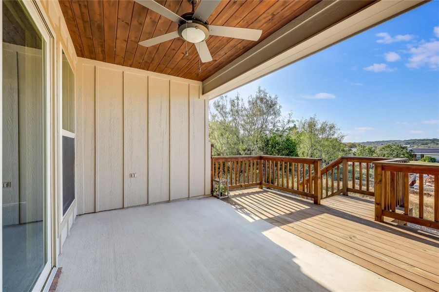 Wooden deck featuring ceiling fan. Wooden Ceiling and enlarged deck. Wooden deck featuring ceiling fan. Wooden Ceiling and enlarged deck.