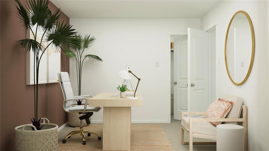 Home office featuring light carpet and baseboards