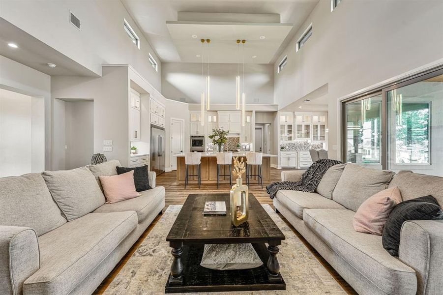 Living room featuring wood-type flooring and a high ceiling