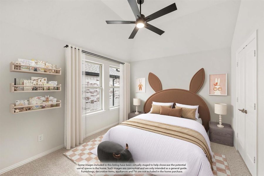 Children's bedroom with bunny-shaped headboard, wall book shelves, ceiling fan, and carpet flooring