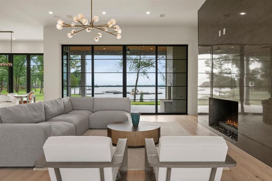 Building lobby with recessed lighting and a water view Building lobby with recessed lighting and a water view