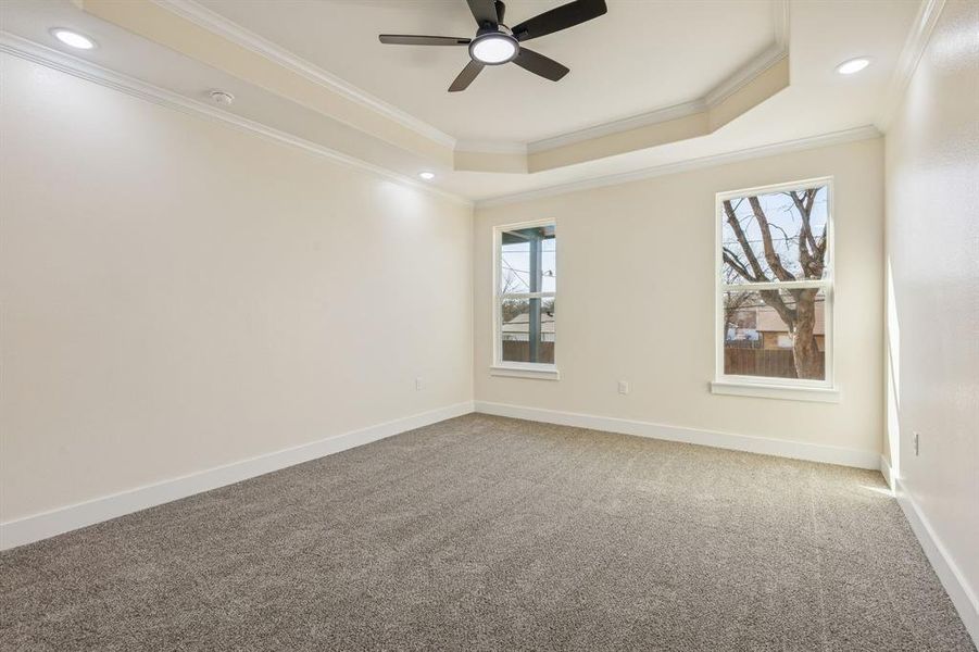 Carpeted empty room with ornamental molding, ceiling fan, and a tray ceiling