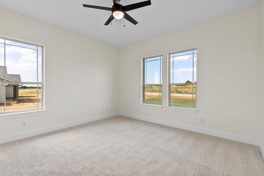Carpeted empty room with a ceiling fan and baseboards Carpeted empty room with a ceiling fan and baseboards