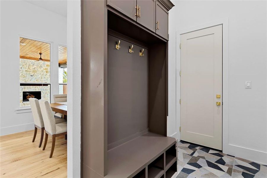 Mudroom and light flooring Mudroom and light flooring