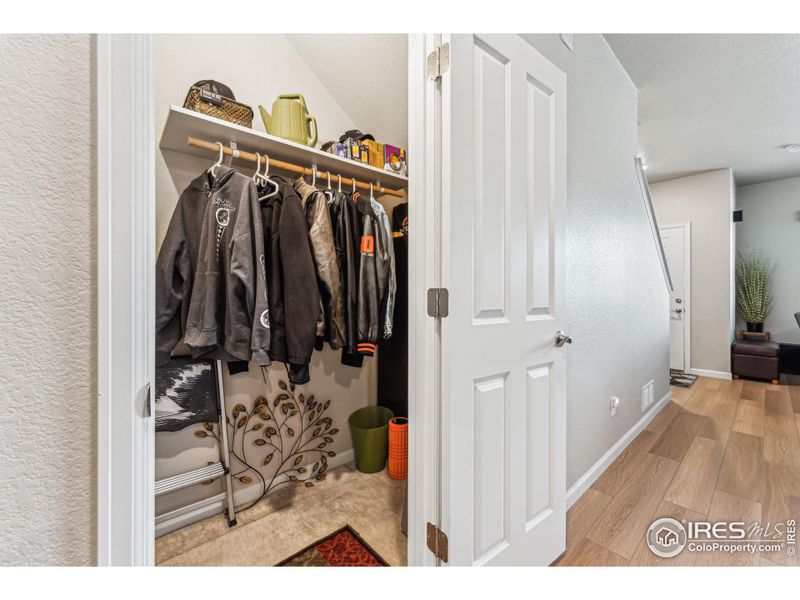 Large storage closet under the stairs with crawlspace access