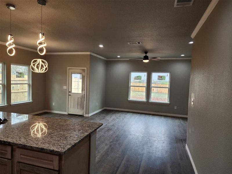 Kitchen with stone counters, ceiling fan with notable chandelier, ornamental molding, decorative light fixtures, and dark hardwood / wood-style flooring