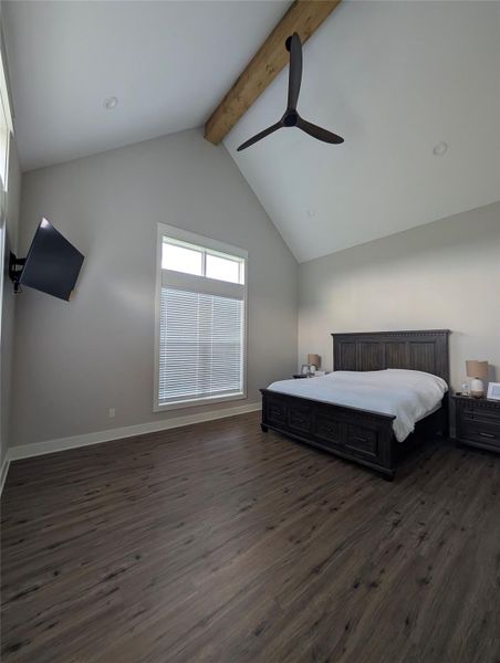 Spacious primary bedroom featuring wood-finish flooring, tall baseboards, a large window with blinds, and light-colored walls