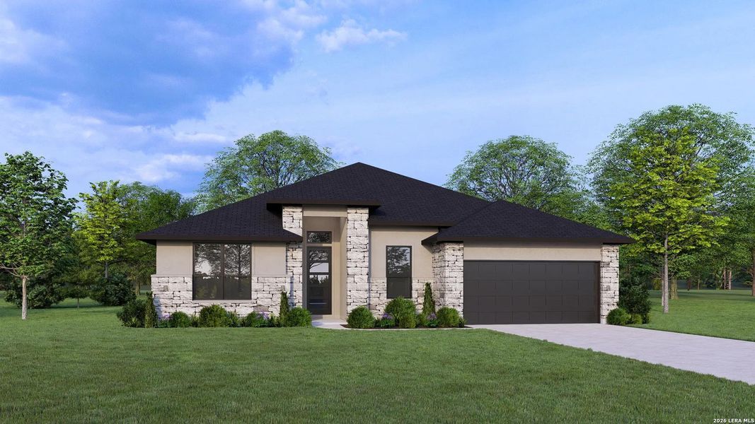 Front exterior of a new home in Ladera - 60s, San Antonio, TX, highlighting curb appeal (Image 1). Front exterior of a new home in Ladera - 60s, San Antonio, TX, highlighting curb appeal (Image 1).