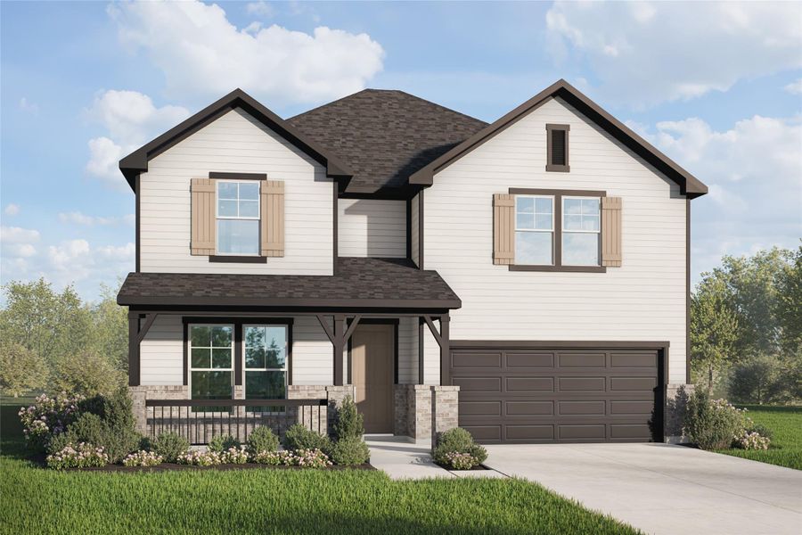 View of front of house with concrete driveway, roof with shingles, an attached garage, a porch, and a front yard