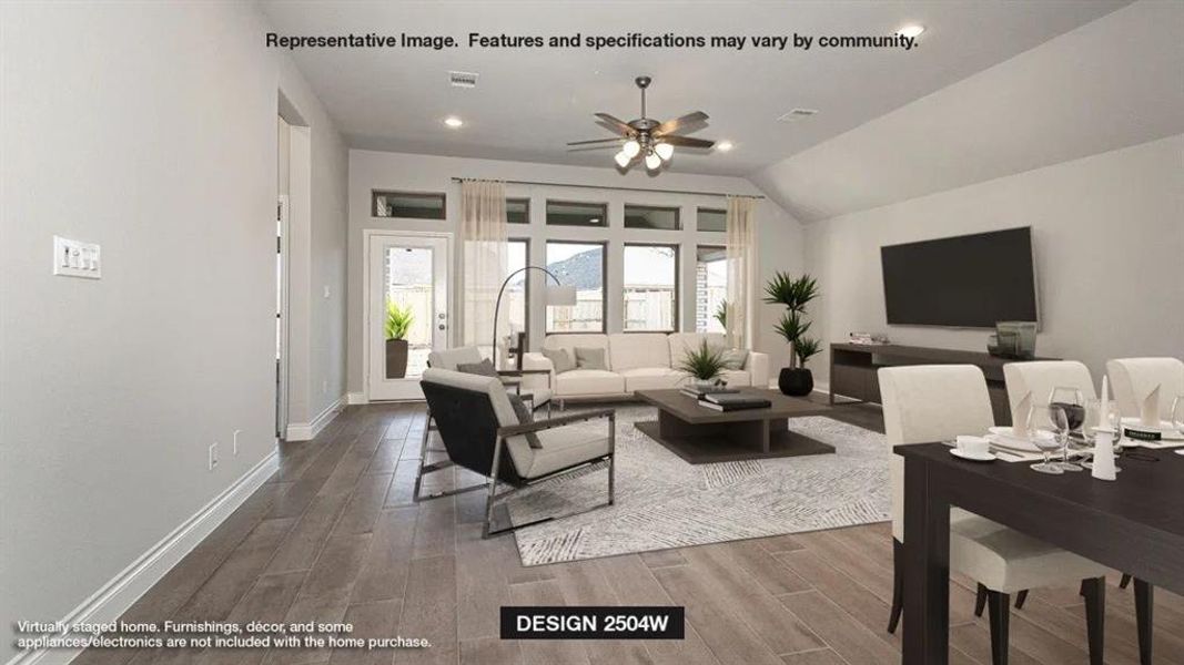 Living room with ceiling fan, wood-type flooring, and lofted ceiling