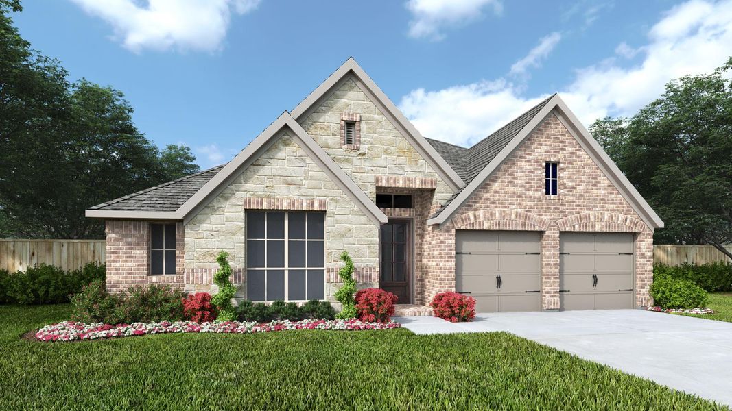 Front exterior of a new home in Serenity 55+ Active Adult, Arcola, TX, highlighting curb appeal (Image 2).
