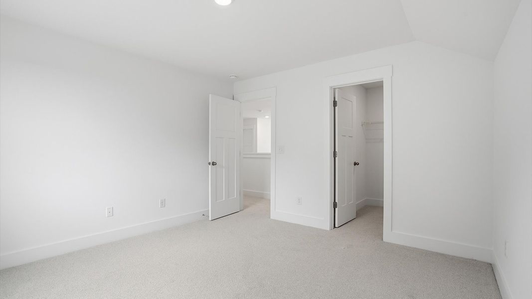 Tasteful bedroom with plush carpet, a walk-in closet, and large windows for abundant natural light