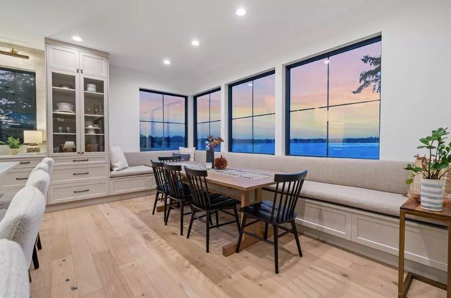 Custom Banquette Seating for Dining Table and Chairs, Built-in Hutch to Display Favorite Items