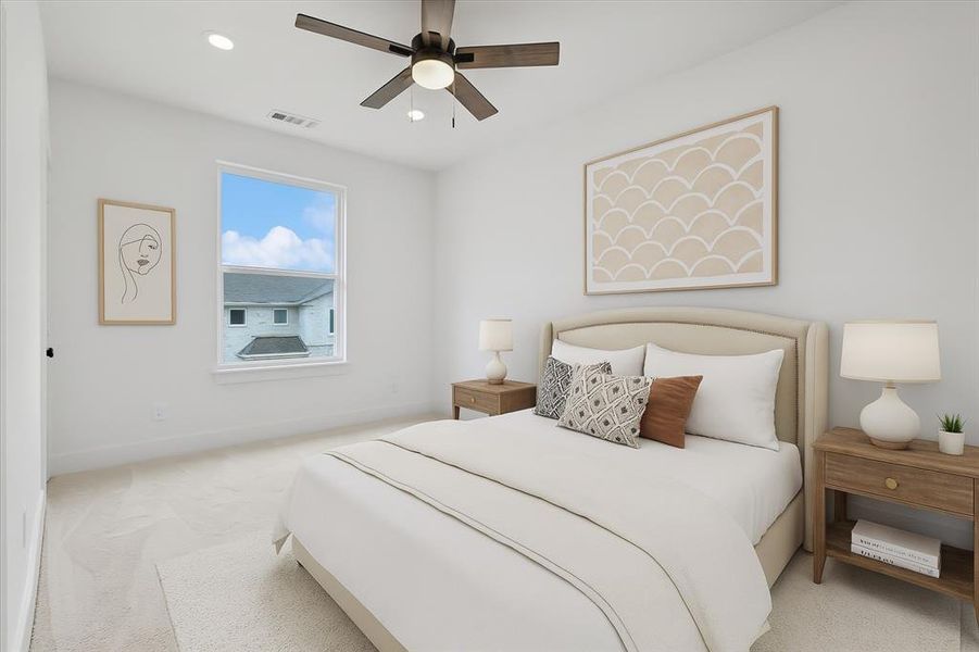 Bedroom featuring carpet flooring, ceiling fan, and recessed lighting virtually staged