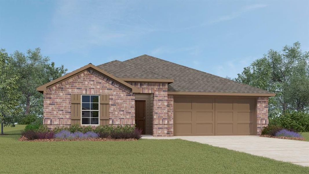 View of front of house featuring a front yard, roof with shingles, concrete driveway, a garage, and brick siding