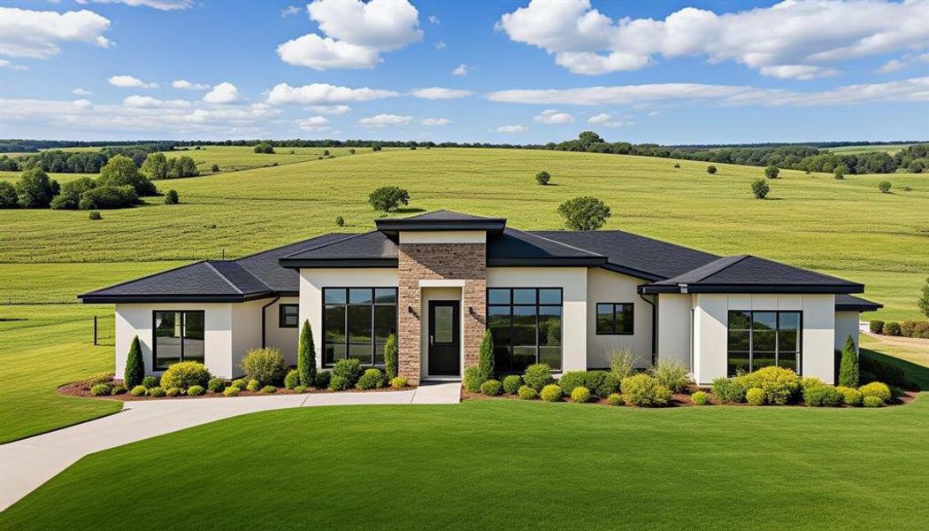 View of front facade with stone siding, stucco siding, a front yard, a view of rural / pastoral area, and a shingled roof View of front facade with stone siding, stucco siding, a front yard, a view of rural / pastoral area, and a shingled roof