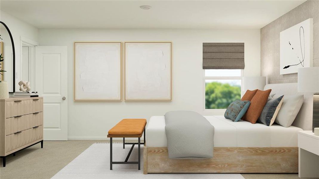 Bedroom with carpet floors and baseboards