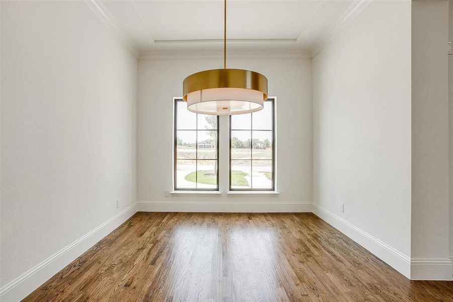 Empty room featuring ornamental molding and wood-type flooring