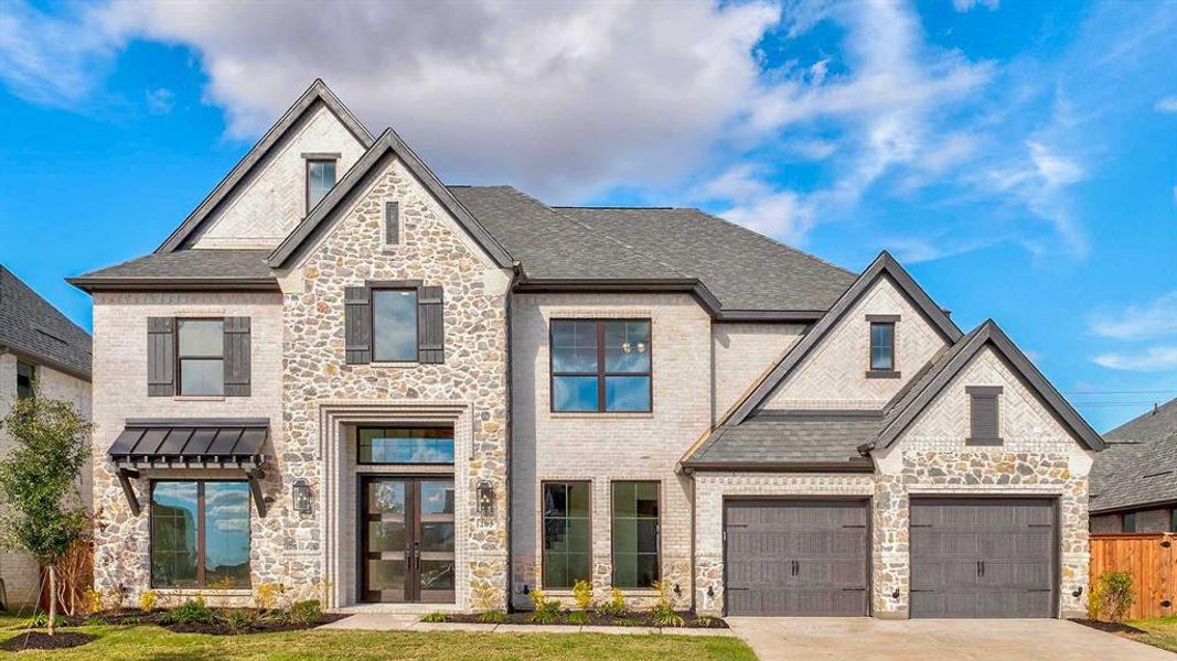 Front exterior of a new home in North Sky 65', Celina, TX, highlighting curb appeal (Image 1).