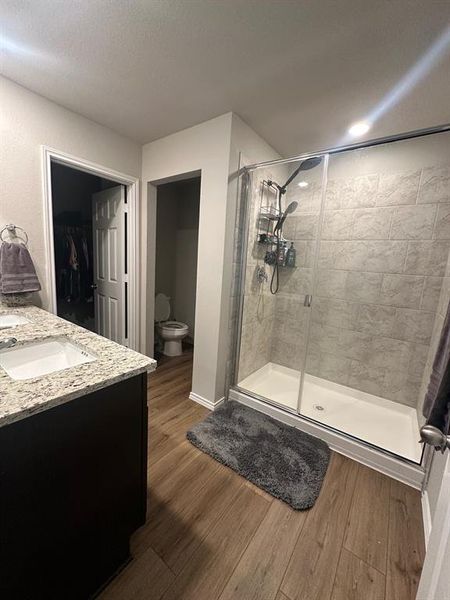Full bathroom featuring dark wood-style flooring, vanity, a stall shower, and a spacious closet