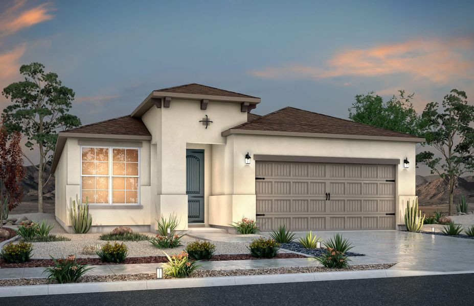 Front exterior of a new home in Desert Breeze, Horizon City, TX, highlighting curb appeal (Image 1). Front exterior of a new home in Desert Breeze, Horizon City, TX, highlighting curb appeal (Image 1).