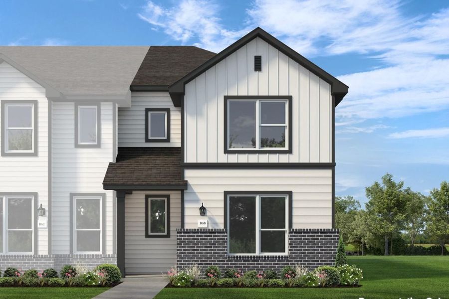 Front exterior of a new home in Seven Oaks Townhomes, Tomball, TX, highlighting curb appeal (Image 1). Front exterior of a new home in Seven Oaks Townhomes, Tomball, TX, highlighting curb appeal (Image 1).