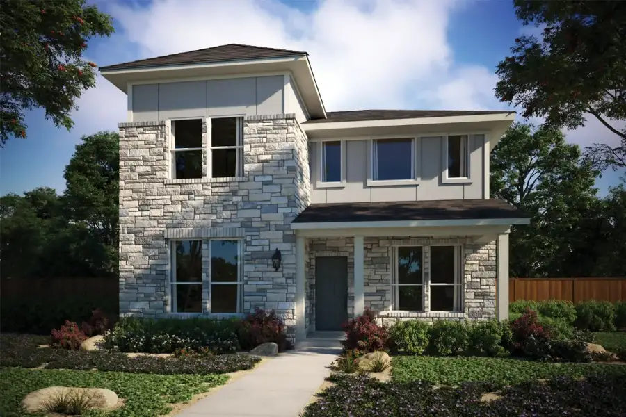 Front exterior of a new home in Sage Hollow, Kyle, TX, highlighting curb appeal (Image 1). Front exterior of a new home in Sage Hollow, Kyle, TX, highlighting curb appeal (Image 1).