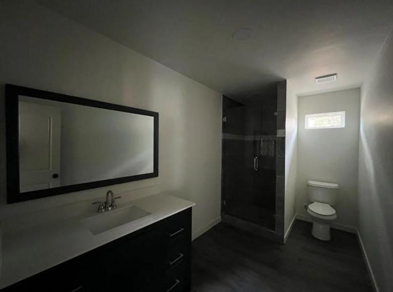 Bathroom featuring vanity, a stall shower, and dark wood-style flooring