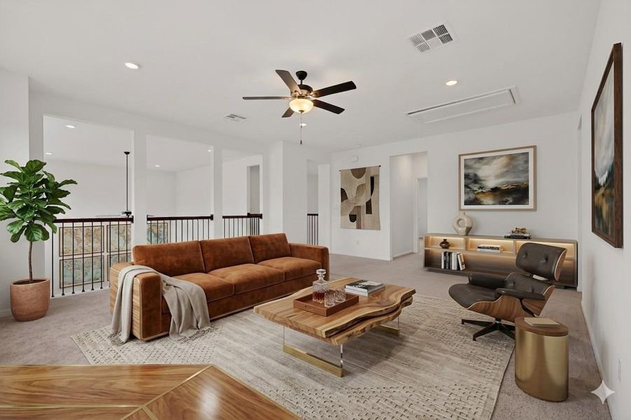 Virtually Staged- Spacious upper-level living area with recessed lighting and ceiling fan