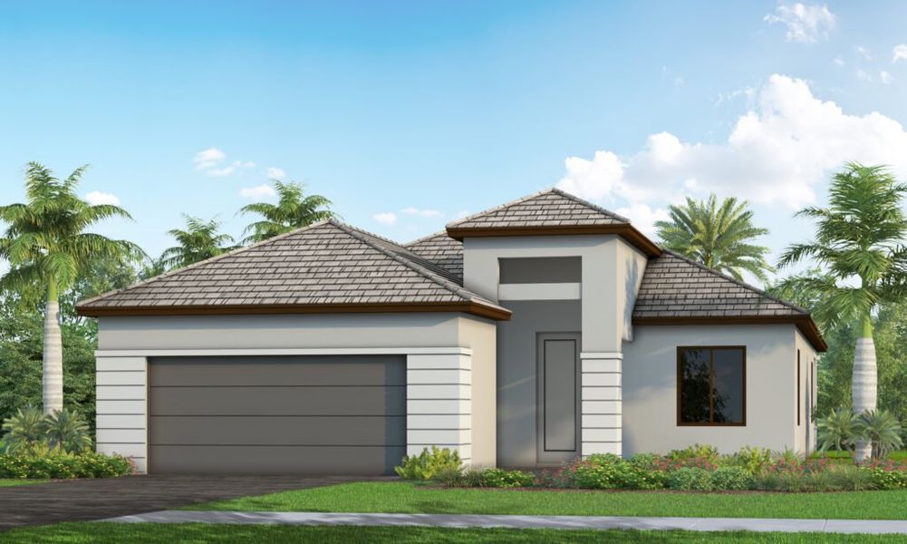 Front exterior of a new home in SkySail, Naples, FL, highlighting curb appeal (Image 18). Front exterior of a new home in SkySail, Naples, FL, highlighting curb appeal (Image 18).