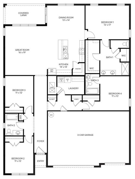 2D floor plan layout for the Denham by D.R. Horton in Rye Crossing, Parrish, FL (Image 3).