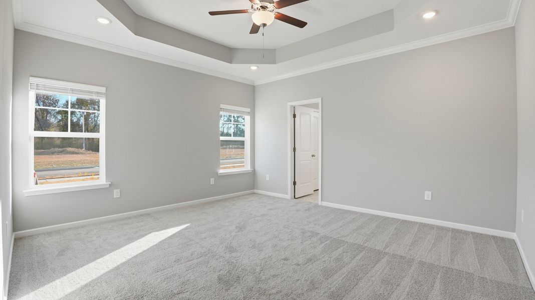 primary bedroom with trey ceiling, led lights in each corner,