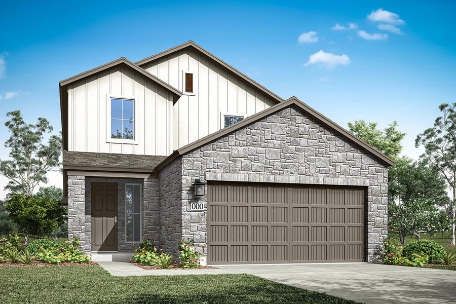Front exterior of a new home in Terrace Collection at Heritage, Dripping Springs, TX, highlighting curb appeal (Image 1). Front exterior of a new home in Terrace Collection at Heritage, Dripping Springs, TX, highlighting curb appeal (Image 1).