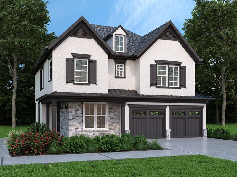 View of front of property with an attached garage, concrete driveway, stone siding, stucco siding, and a standing seam roof View of front of property with an attached garage, concrete driveway, stone siding, stucco siding, and a standing seam roof