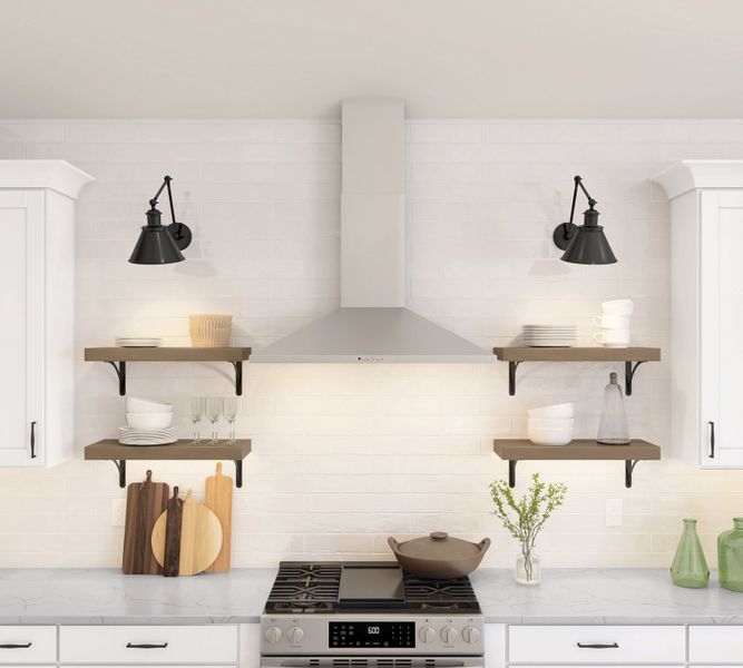 Kitchen with floating shelves and stainless steel hood