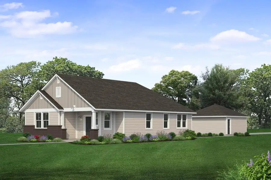 Rendering of one story two-tone tan home with dark brown painted brick, black door, and detached garage with sky and landscaping Rendering of one story two-tone tan home with dark brown painted brick, black door, and detached garage with sky and landscaping