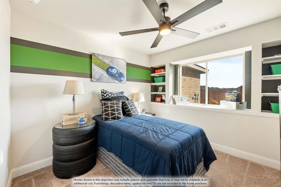 Children's bedroom with racing-themed striped walls, built-in shelves, ceiling fan, and carpet flooring