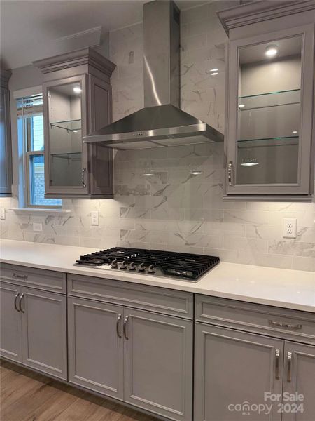 Gas cooktop, stainless steel range hood, under cabinet lights and Glass Accent Cabinets