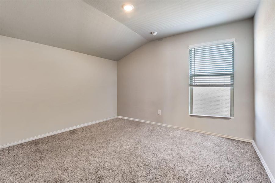 Empty room featuring lofted ceiling and carpet