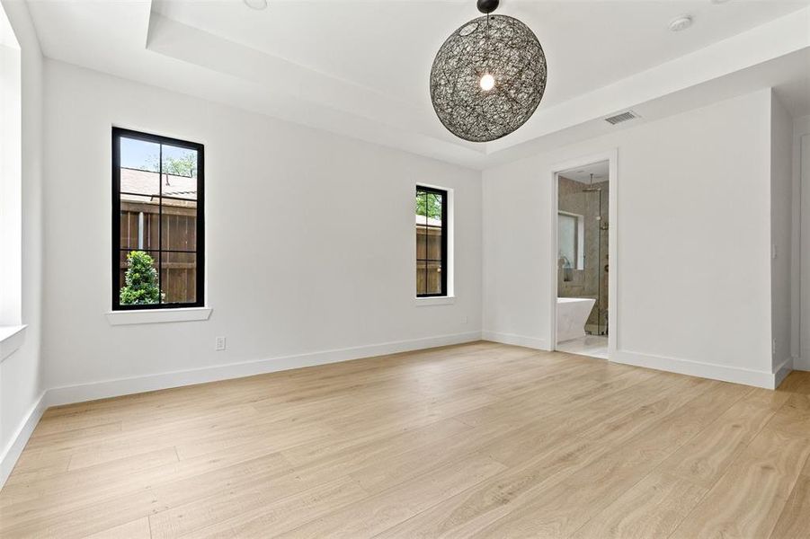 Spare room featuring plenty of natural light, light wood finished floors, a raised ceiling, and a smoke detector