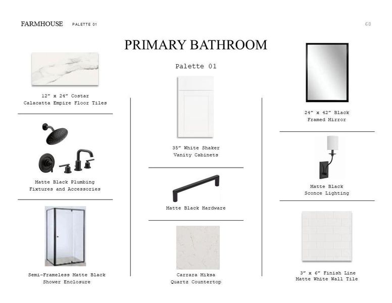 Farmhouse Look Palette 1: Primary Bathroom Selection Sheet (*Artist rendering used for illustration purposes only.)