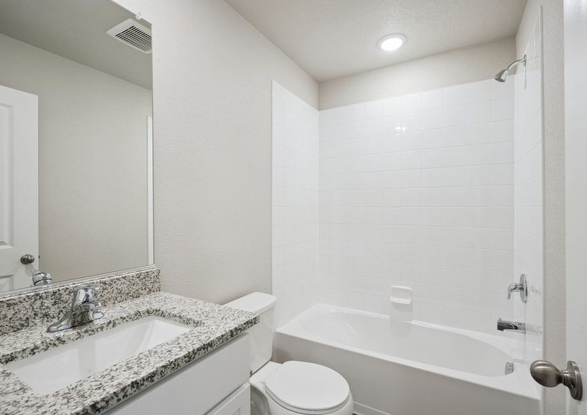 The secondary bathroom has a tub/shower combo. The secondary bathroom has a tub/shower combo.