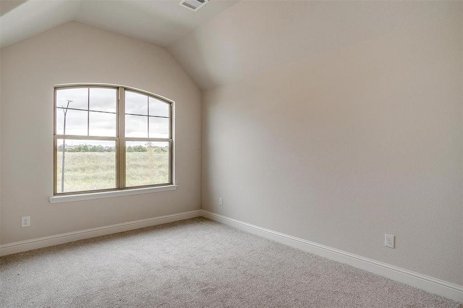 Unfurnished room with vaulted ceiling and carpet floors