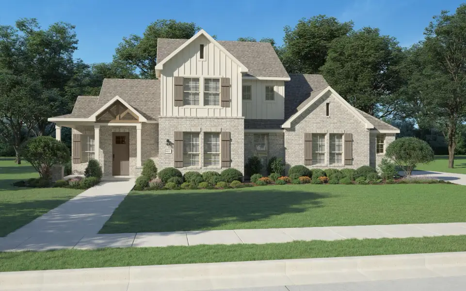 Representative exterior photo of a completed home built from the Yukon by Centre Living Homes in Ellis Ranch Manors, Waxahachie, TX (Image 6). Representative exterior photo of a completed home built from the Yukon by Centre Living Homes in Ellis Ranch Manors, Waxahachie, TX (Image 6).