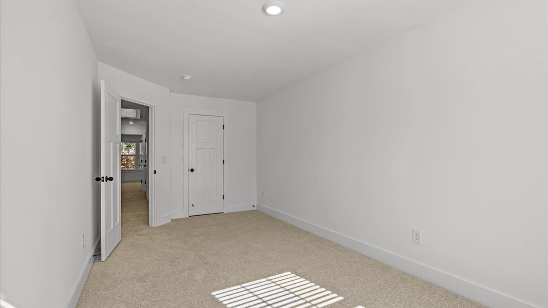 Tasteful secondary bedroom with plush carpet and a spacious walk-in closet