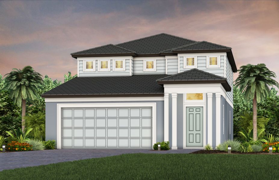 Front exterior of a new home in Longmeadow at North River Ranch, Parrish, FL, highlighting curb appeal (Image 1). Front exterior of a new home in Longmeadow at North River Ranch, Parrish, FL, highlighting curb appeal (Image 1).