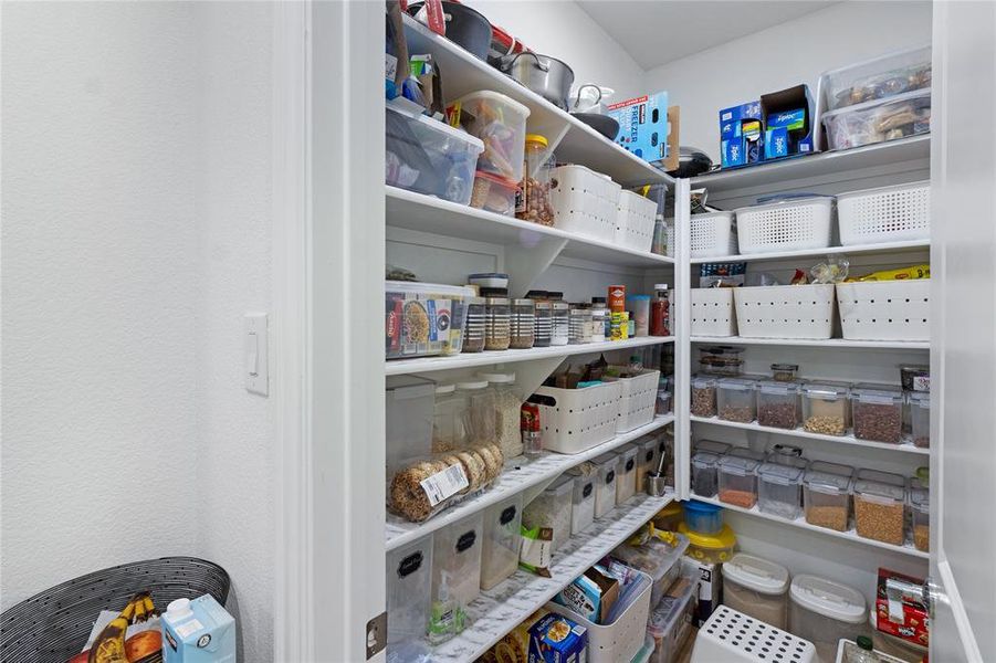 Spacious pantry featuring multiple tiers of built-in shelving, white painted walls, and a white door frame