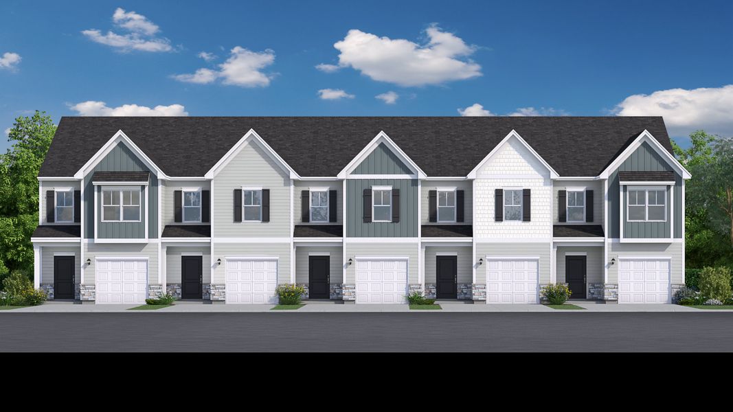 Representative exterior photo of a completed home built from the Ashford Townhome by Veranda Homes in Cottage Corners, Taylors, SC (Image 12).