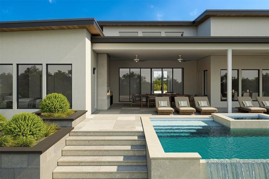 Contemporary exterior with a multi-level patio featuring a built-in outdoor fireplace, a covered outdoor living area, a rectangular pool with integrated spa, and a water feature