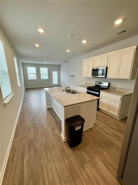 Open-concept kitchen and living area featuring wood-finish flooring, recessed lighting, and ample natural light from multiple windows